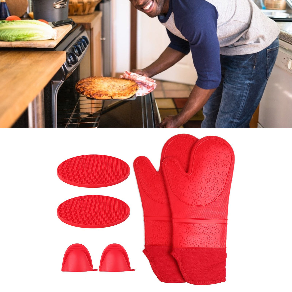 Insulation Gloves Thickened Silicone Barbecue Microwave Oven Anti Scalding Glove for Kitchen Baking CookingRed