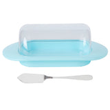 Round Edge Plastic Butter Storage Box Cheese Dessert Bread Server Keeper with Transparent Cover KnifeBlue