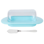 Round Edge Plastic Butter Storage Box Cheese Dessert Bread Server Keeper with Transparent Cover KnifeBlue