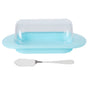 Round Edge Plastic Butter Storage Box Cheese Dessert Bread Server Keeper with Transparent Cover KnifeBlue