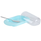 Round Edge Plastic Butter Storage Box Cheese Dessert Bread Server Keeper with Transparent Cover KnifeBlue - Front View