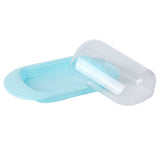 Round Edge Plastic Butter Storage Box Cheese Dessert Bread Server Keeper with Transparent Cover KnifeBlue - Rear View