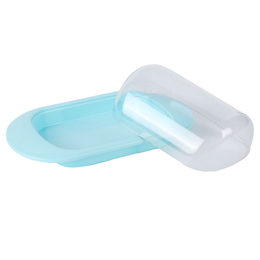 Round Edge Plastic Butter Storage Box Cheese Dessert Bread Server Keeper with Transparent Cover KnifeBlue