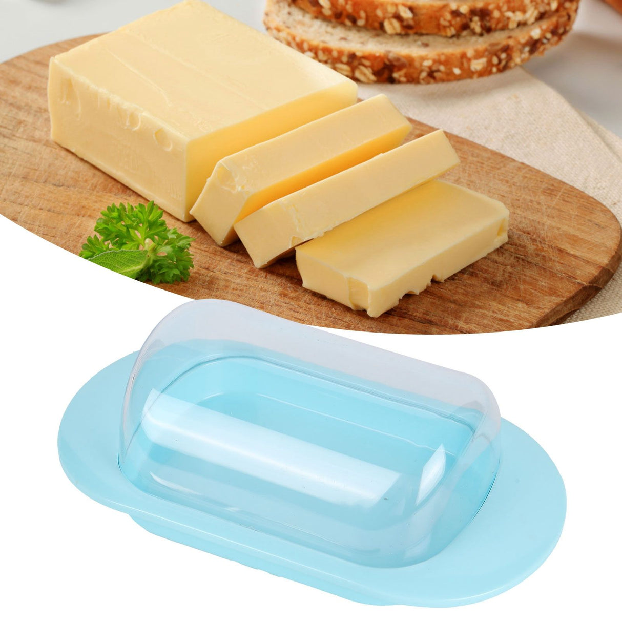 Round Edge Plastic Butter Storage Box Cheese Dessert Bread Server Keeper with Transparent Cover KnifeBlue