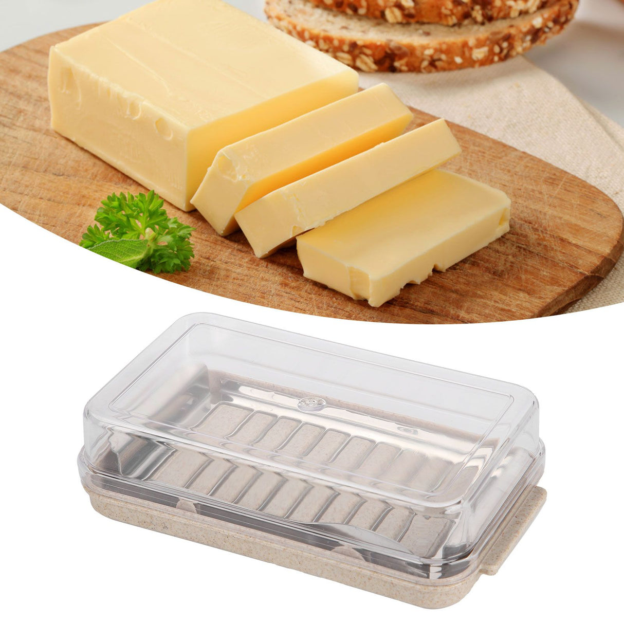 Stainless Steel Butter Cutter Container Butter Storage Box with Transparent Cover for KitchenWheat Chassis