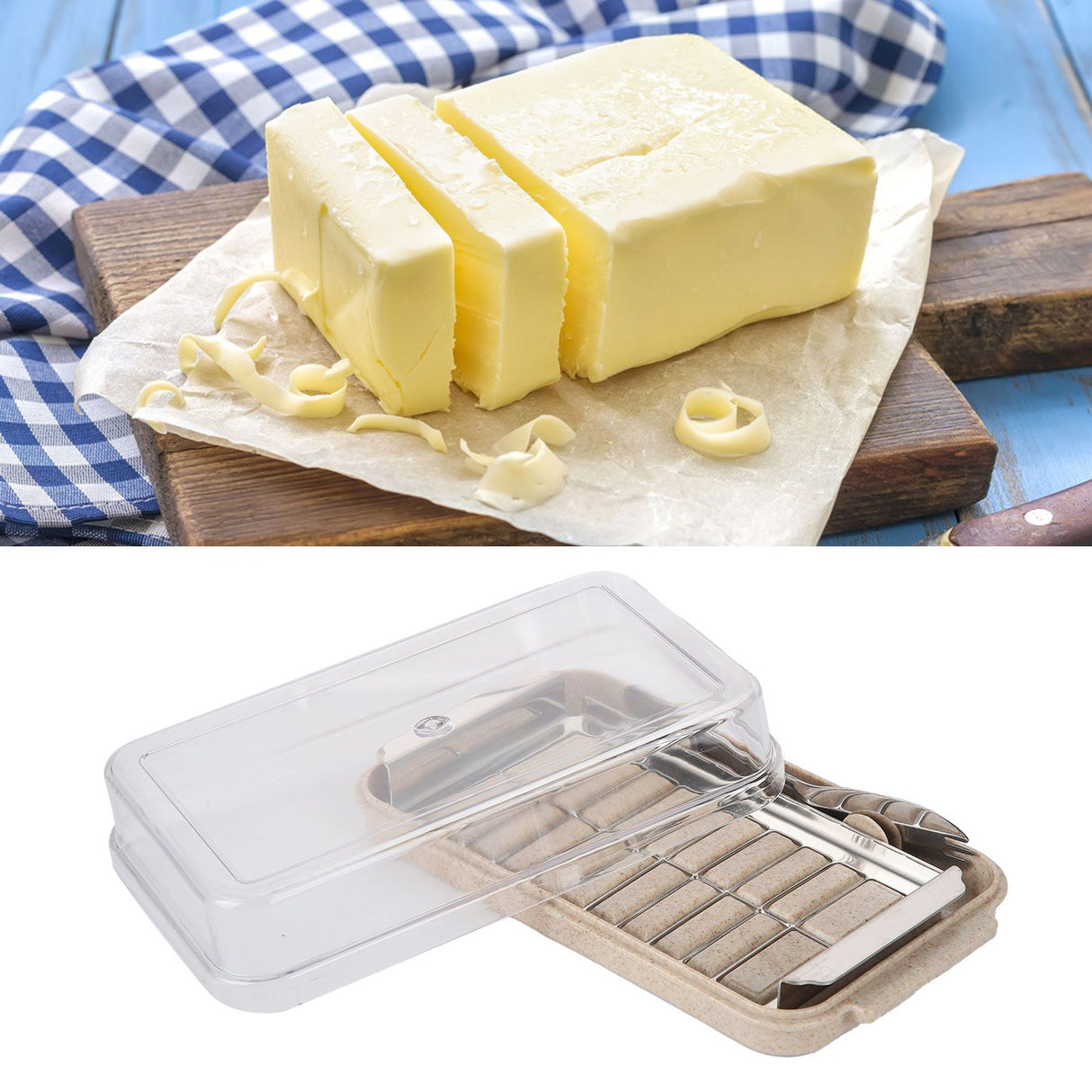 Stainless Steel Butter Cutter Container Butter Storage Box with Transparent Cover for KitchenWheat Chassis