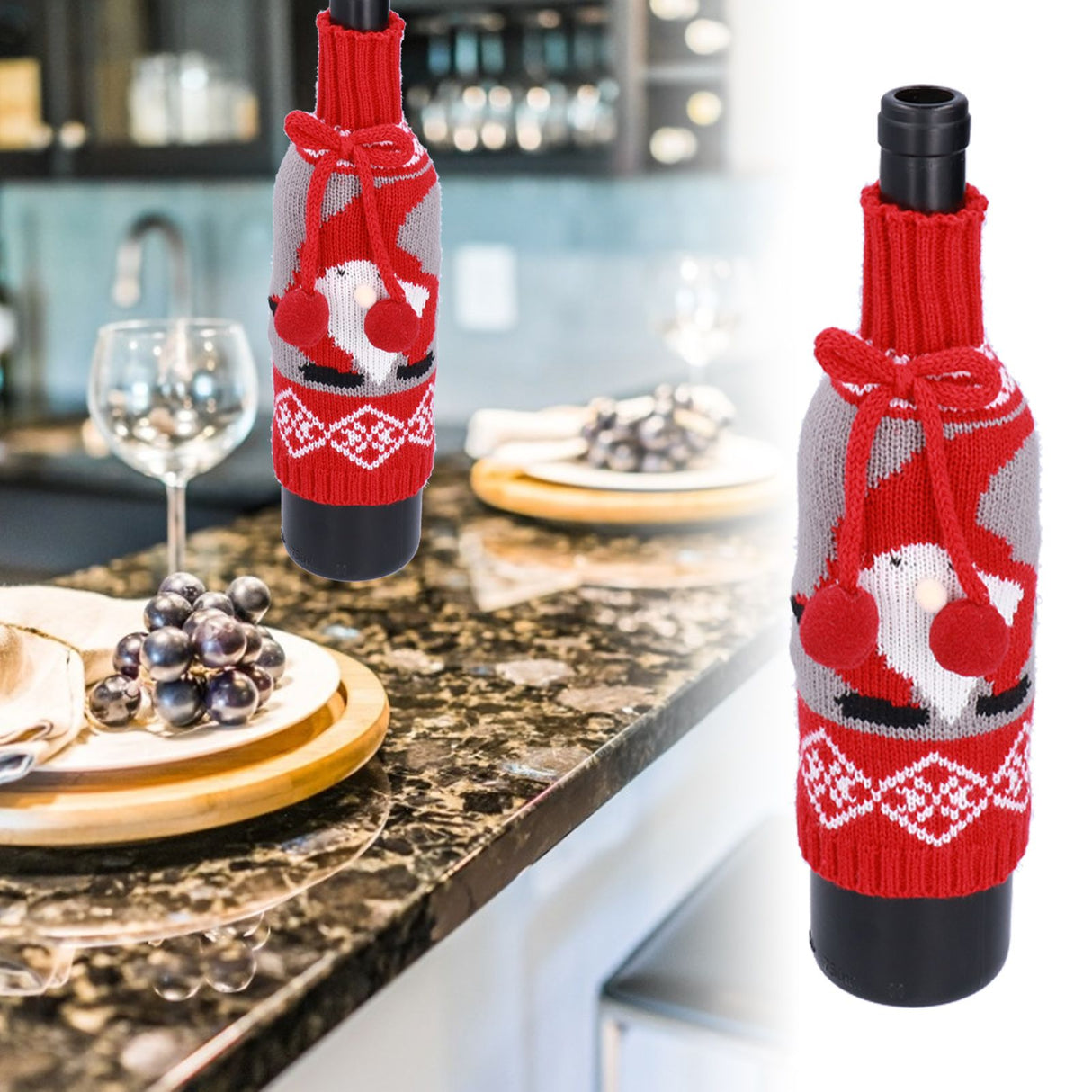 Knitted Wine Bottle Cover Bag Sleeve Home Decoration for Christmas Wedding Birthday PartyRed +Gray