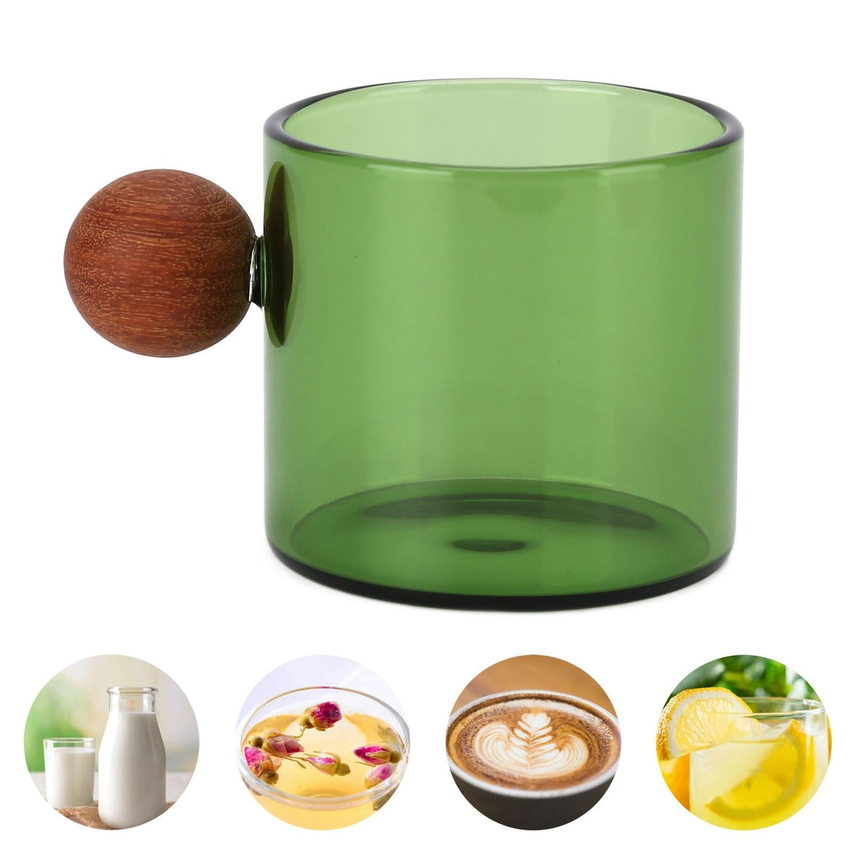Glass Coffee Cup Clear Heatproof Glass Coffee Mug with Wooden Ball Handle for Office Bar PartyGreen
