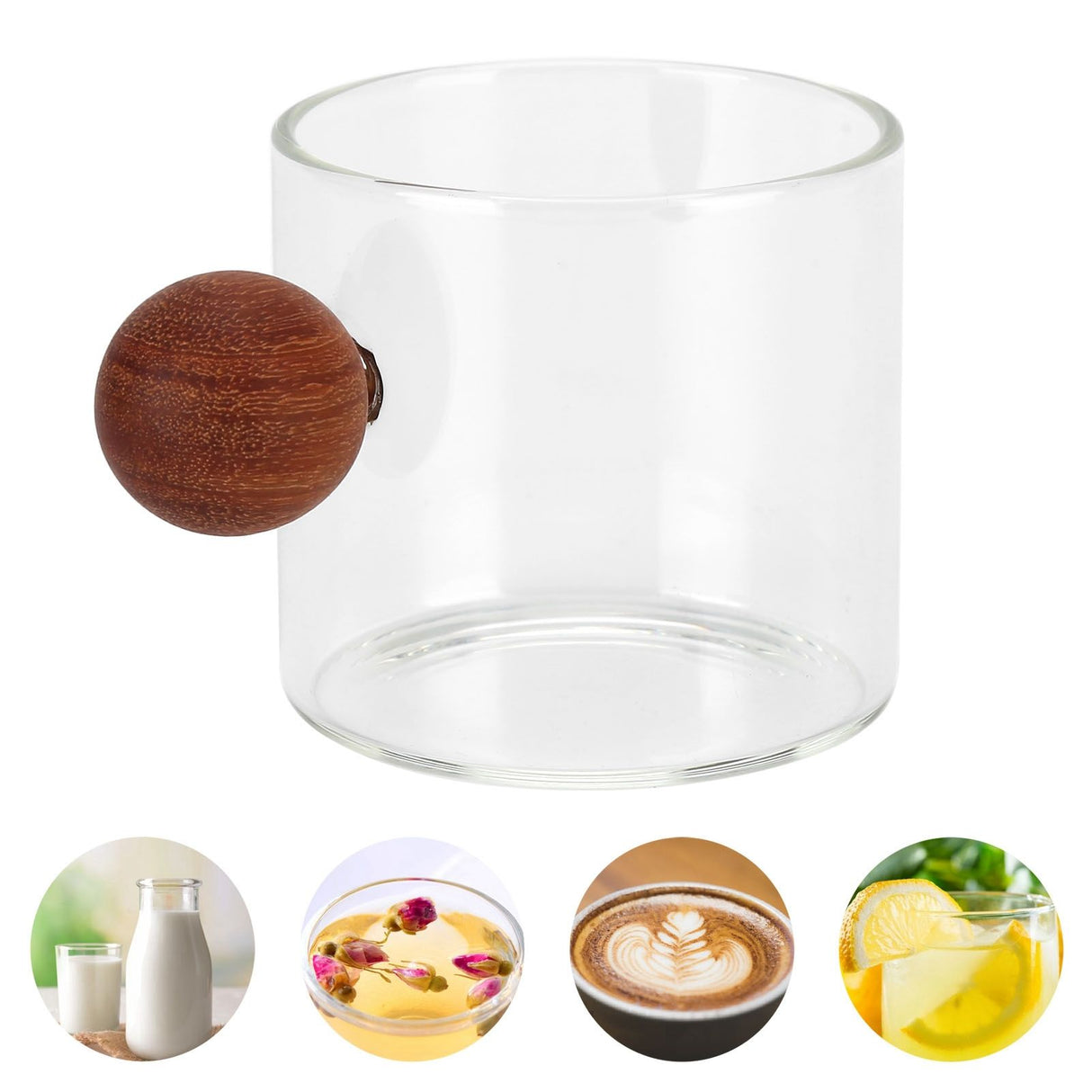 Glass Coffee Cup Clear Heatproof Glass Coffee Mug with Wooden Ball Handle for Office Bar PartyTransparent