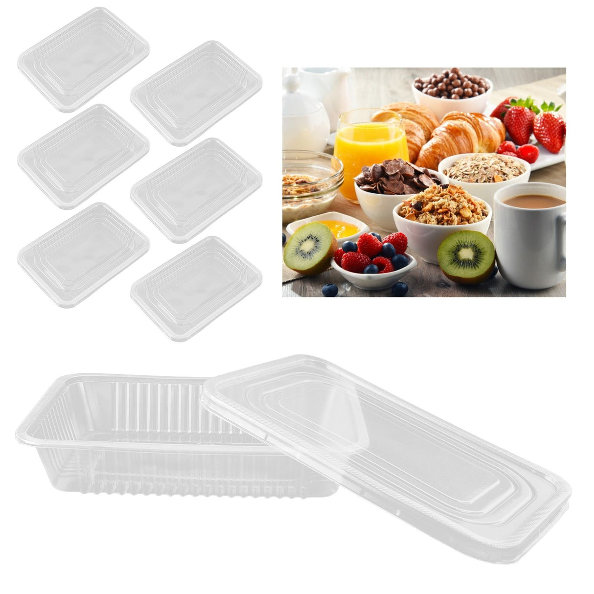 10PCS Disposable Lunch Box Microwavable Disposable Transparent Rectangular Food Container with Lid 500ML