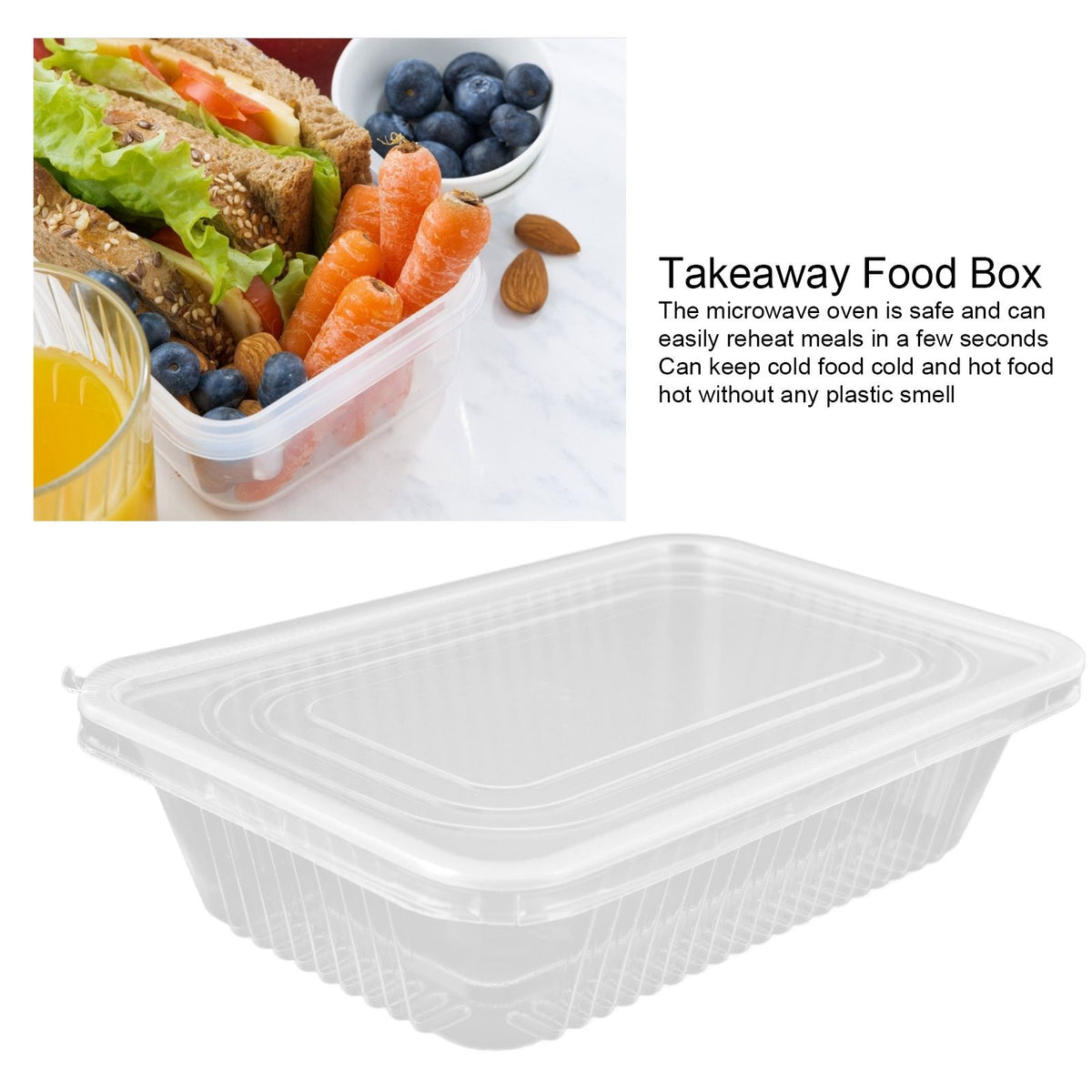 10PCS Disposable Lunch Box Microwavable Disposable Transparent Rectangular Food Container with Lid 650ML