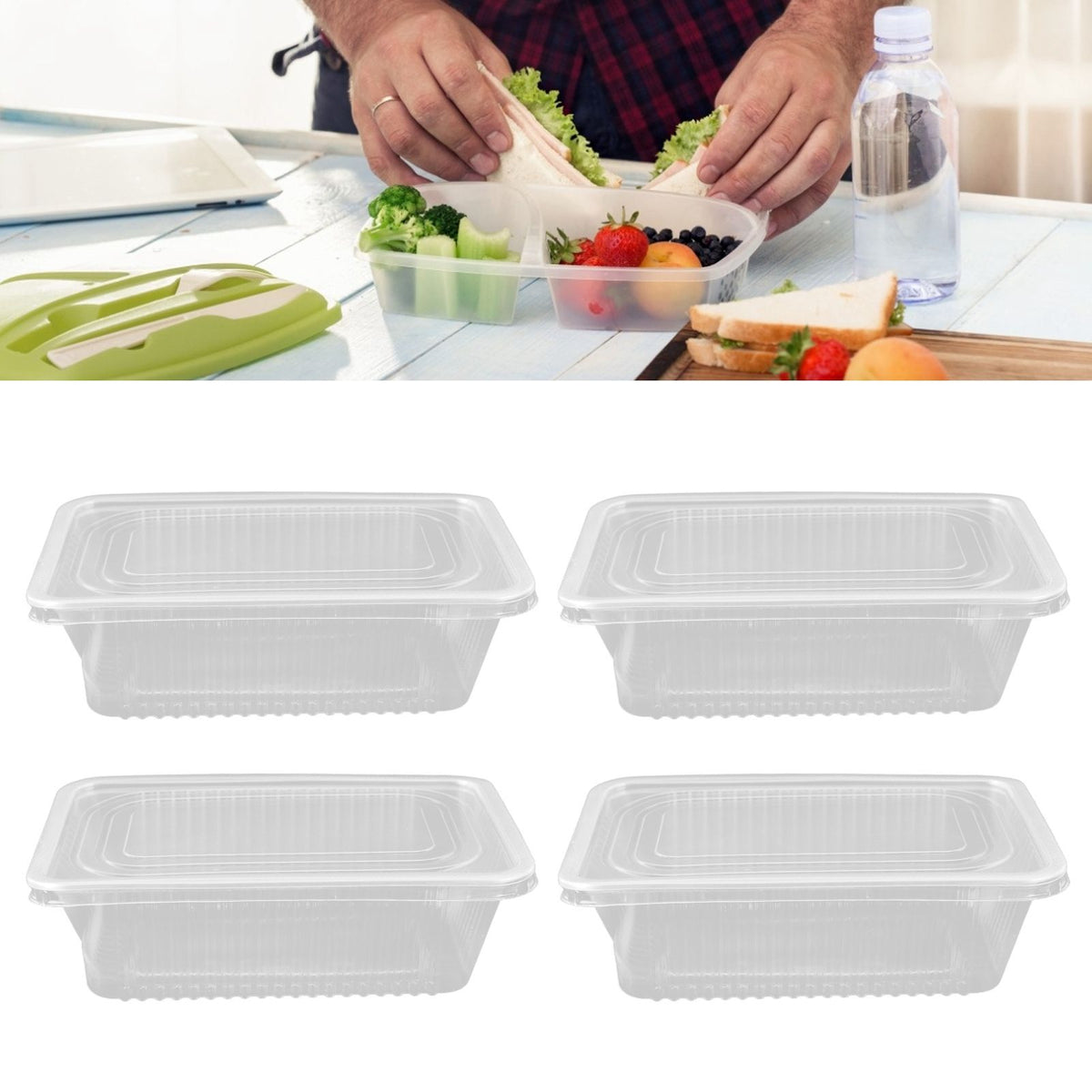 10PCS Disposable Lunch Box Microwavable Disposable Transparent Rectangular Food Container with Lid 750ML