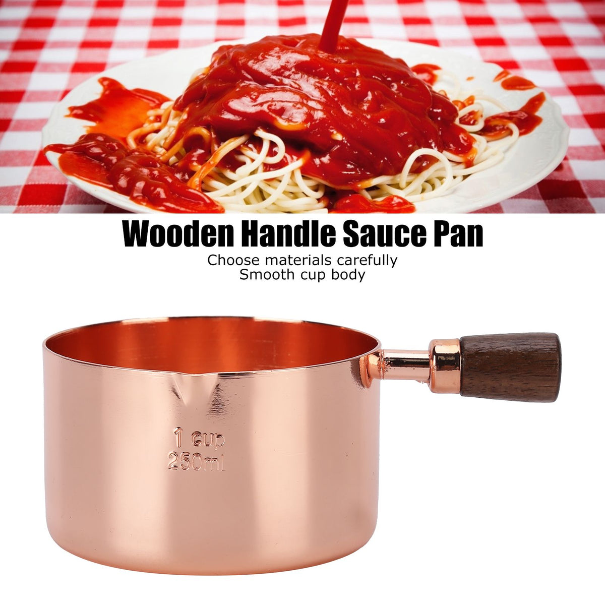 Sauce Pan Wooden Handle Rose Gold Stainless Steel Sauce Pot for Cooking Kitchen Ware1cup