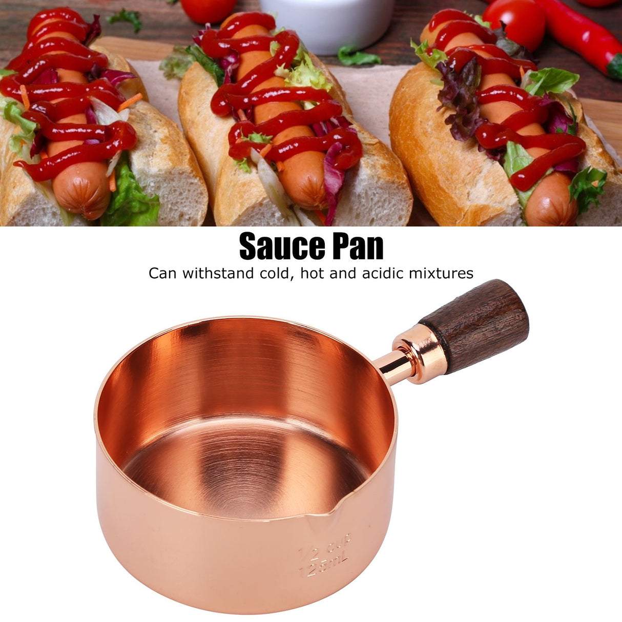 Sauce Pan Wooden Handle Rose Gold Stainless Steel Sauce Pot for Cooking Kitchen Ware1/2cup