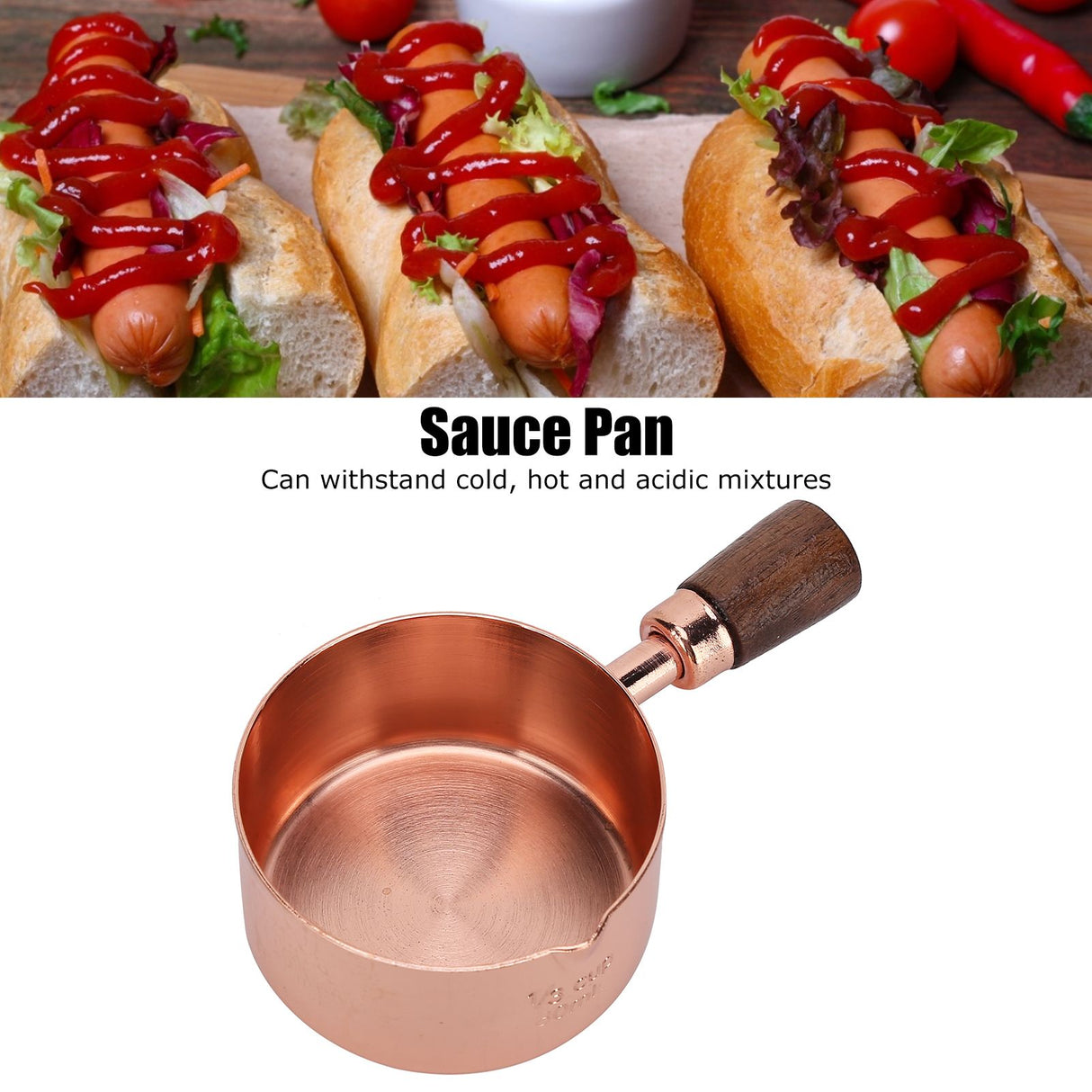 Sauce Pan Wooden Handle Rose Gold Stainless Steel Sauce Pot for Cooking Kitchen Ware1/3cup
