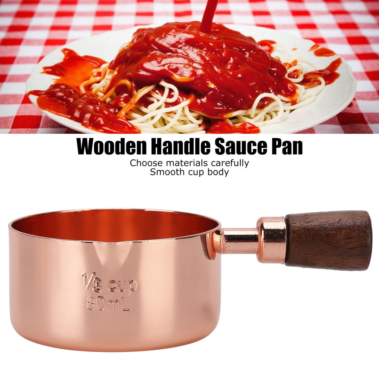 Sauce Pan Wooden Handle Rose Gold Stainless Steel Sauce Pot for Cooking Kitchen Ware1/3cup