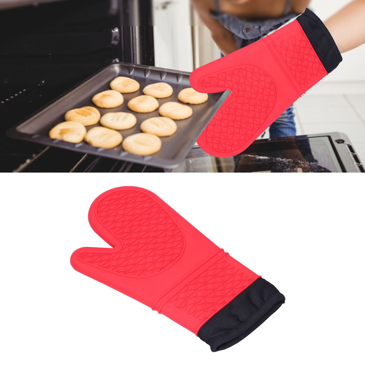 Silicone Oven Mitts with Cotton Heat Insulated Anti Scalding Baking Gloves for Home KitchenRed