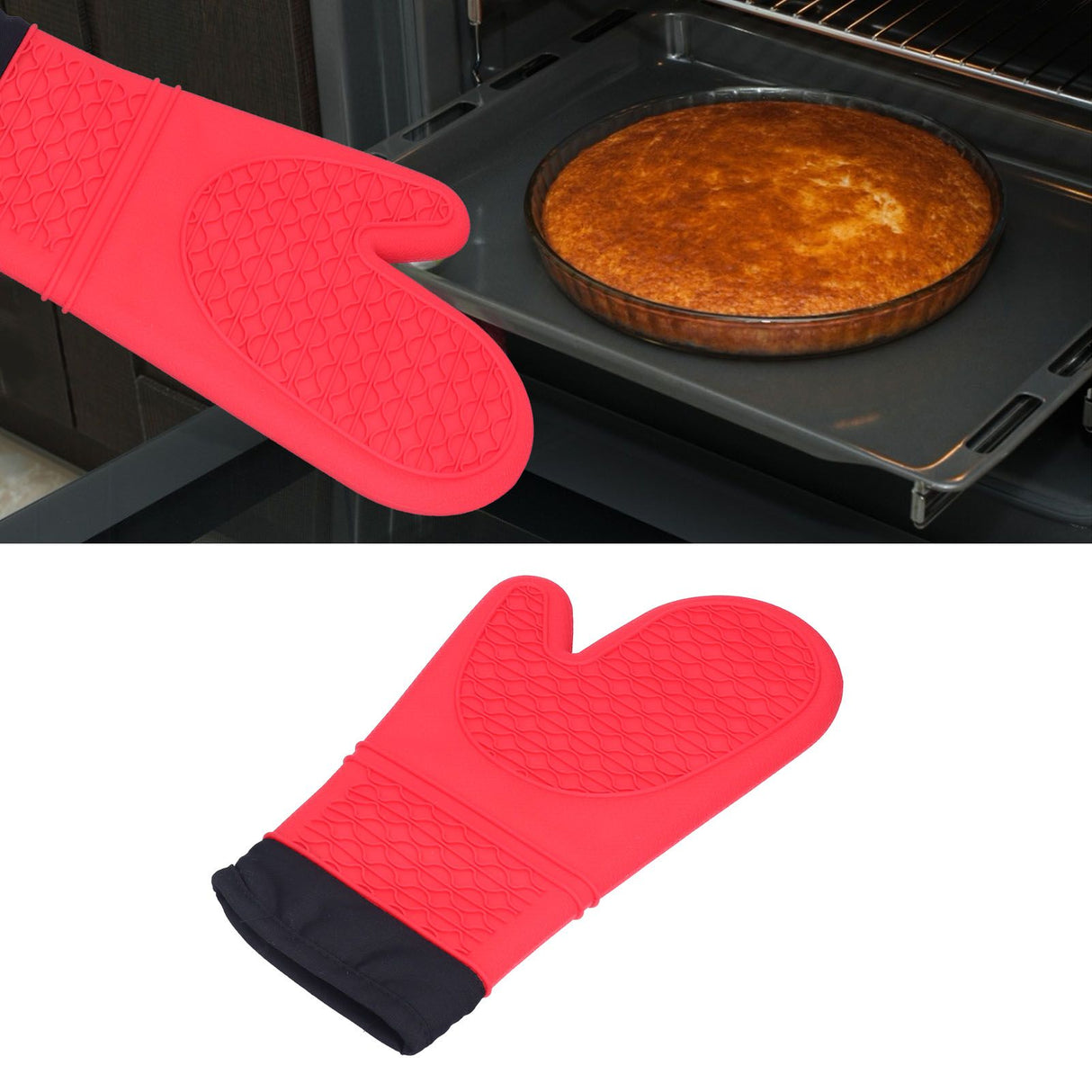 Silicone Oven Mitts with Cotton Heat Insulated Anti Scalding Baking Gloves for Home KitchenRed