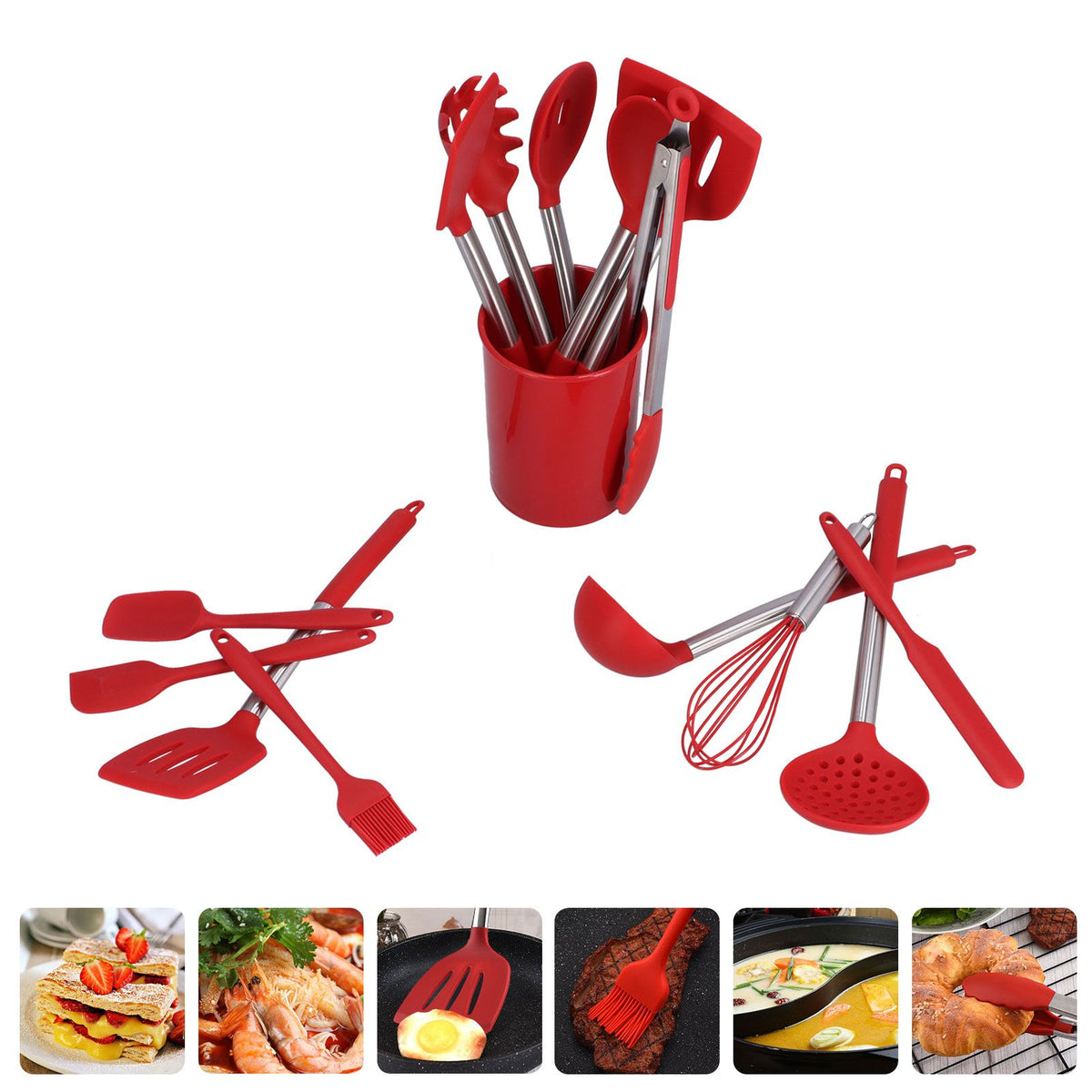 15PCS/Set Silicone Cooking Utensil Set with Stainless Steel Handle Kitchen Spatulas Spoon Cooking ToolsRed