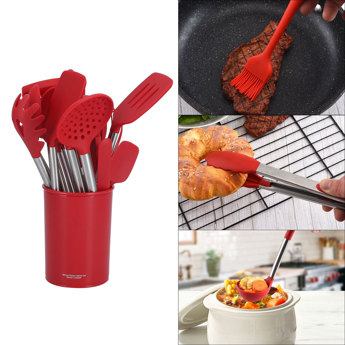15PCS/Set Silicone Cooking Utensil Set with Stainless Steel Handle Kitchen Spatulas Spoon Cooking ToolsRed