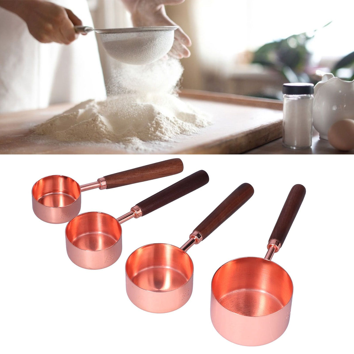 4Pcs Measuring Cups and Spoons Set with Copper Plated Handle Baking Tool for Kitchen