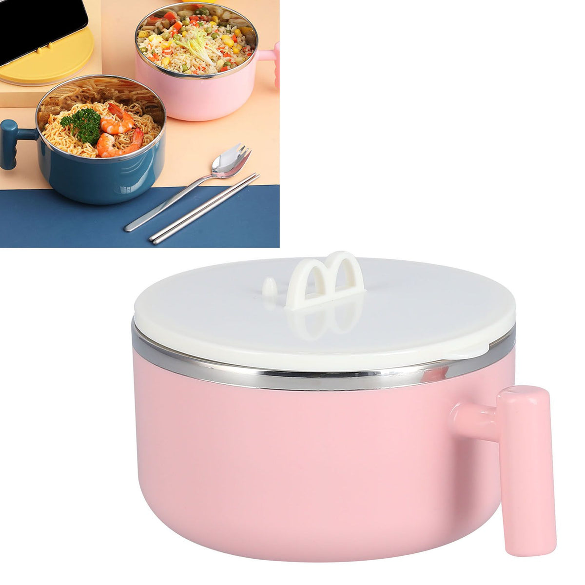 Stainless Steel Noodle Bowl Set Food Storage Container Portable Soup Snack Bowl with Lid(Pink Tableware )