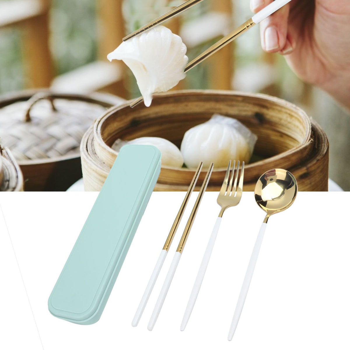Portable Cutlery Set Stainless Steel Tableware Anti Corrosion Non Slip Anti Fading Chopsticks Spoon for Outdoor OfficeWhite Gold