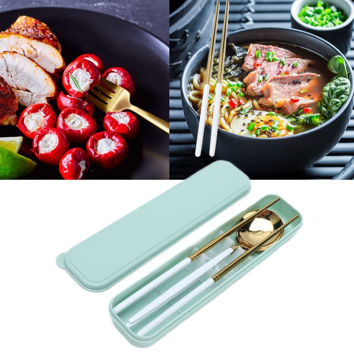 Portable Cutlery Set Stainless Steel Tableware Anti Corrosion Non Slip Anti Fading Chopsticks Spoon for Outdoor OfficeWhite Gold