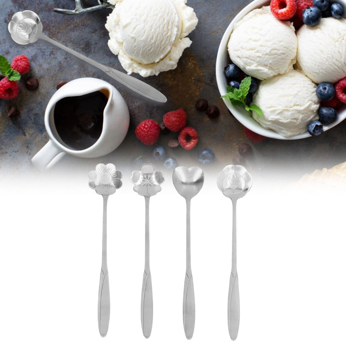 4PCS Mixing Spoon Flower Heart Shaped Coffee Spoon Stainless Steel Desert Scoop Ice Tea SpoonSilver