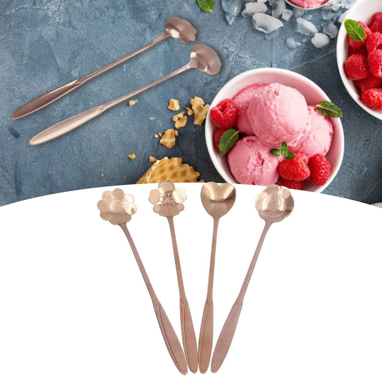 4PCS Mixing Spoon Flower Heart Shaped Coffee Spoon Stainless Steel Desert Scoop Ice Tea SpoonRose Gold