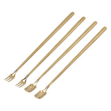 4Pcs 304 Stainless Steel Coffee Spoon Long Handle Coffee Spoon and Fork with Square Head Durable Easy Cleaning for Cafe and BarGold - Low Angle