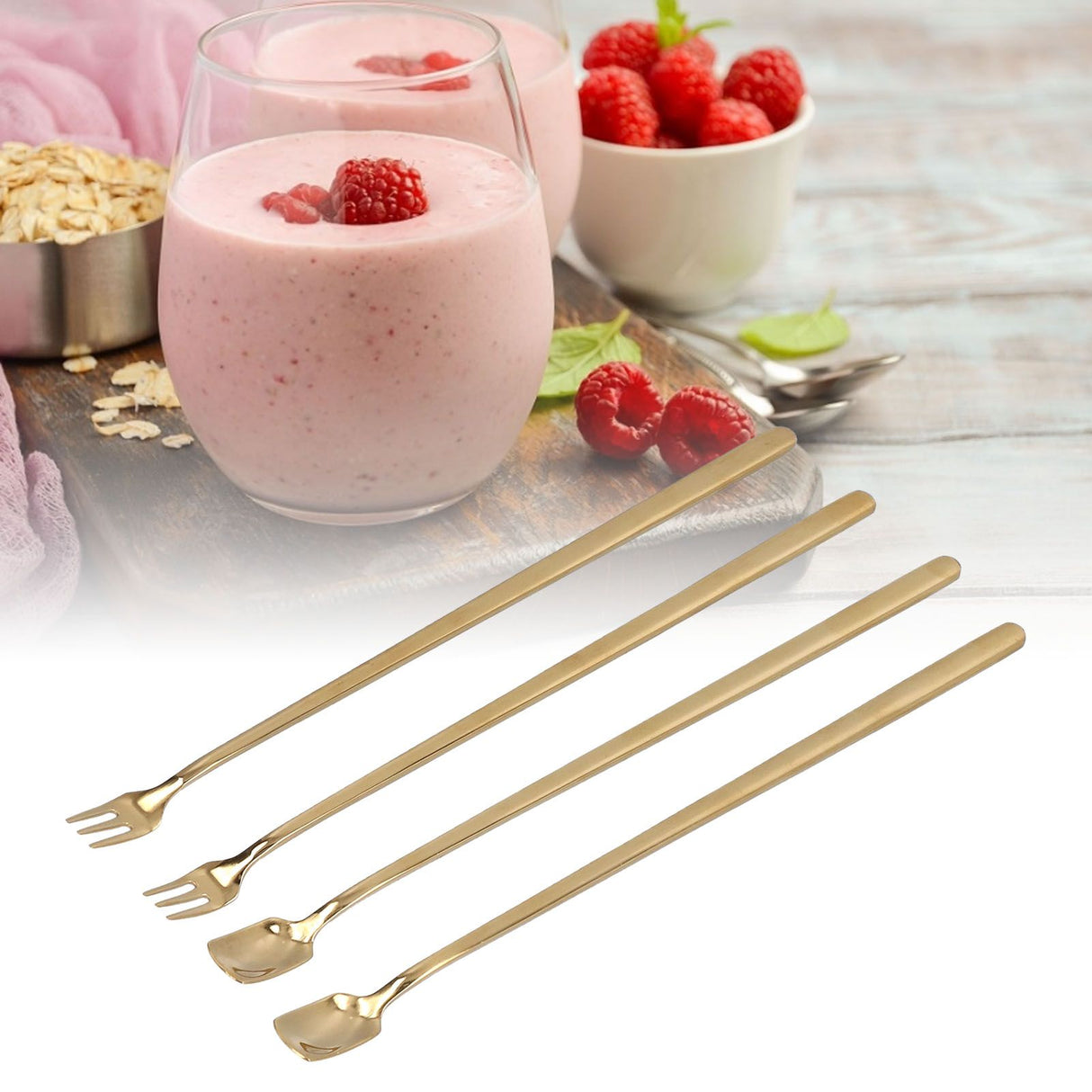 4Pcs 304 Stainless Steel Coffee Spoon Long Handle Coffee Spoon and Fork with Square Head Durable Easy Cleaning for Cafe and BarGold
