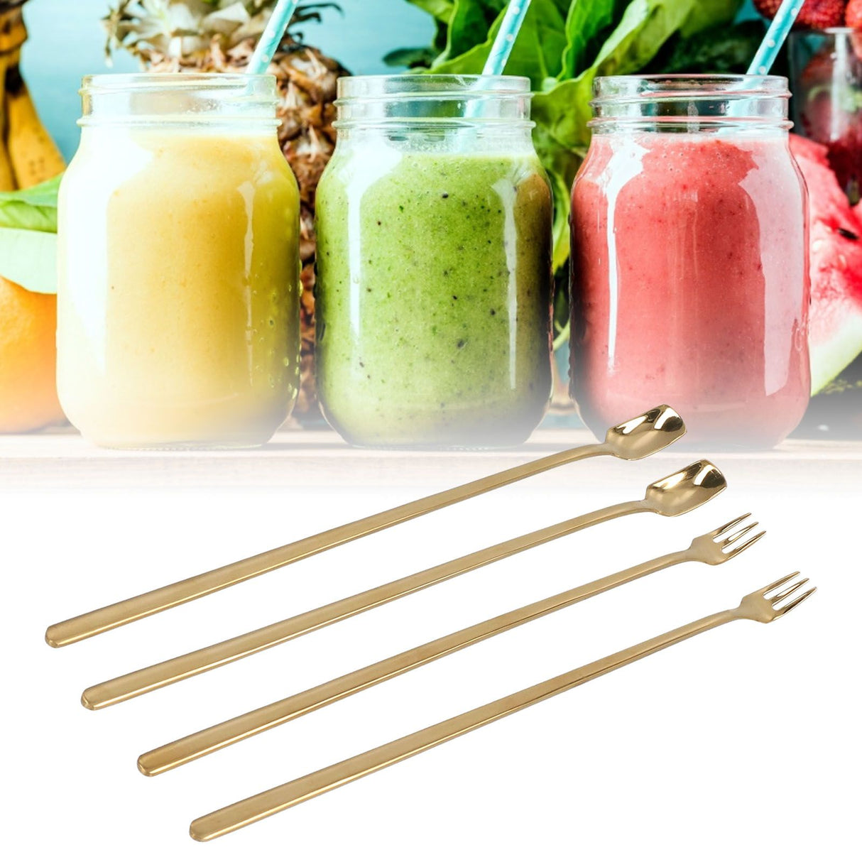 4Pcs 304 Stainless Steel Coffee Spoon Long Handle Coffee Spoon and Fork with Square Head Durable Easy Cleaning for Cafe and BarGold