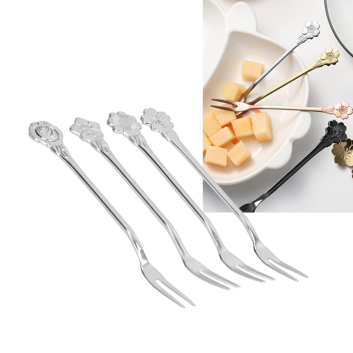 4pcs 2 Prong Fruit Fork Stainless Steel Mini Salad Fruit Dessert Tasting Forks for Home Kitchen PartySilver