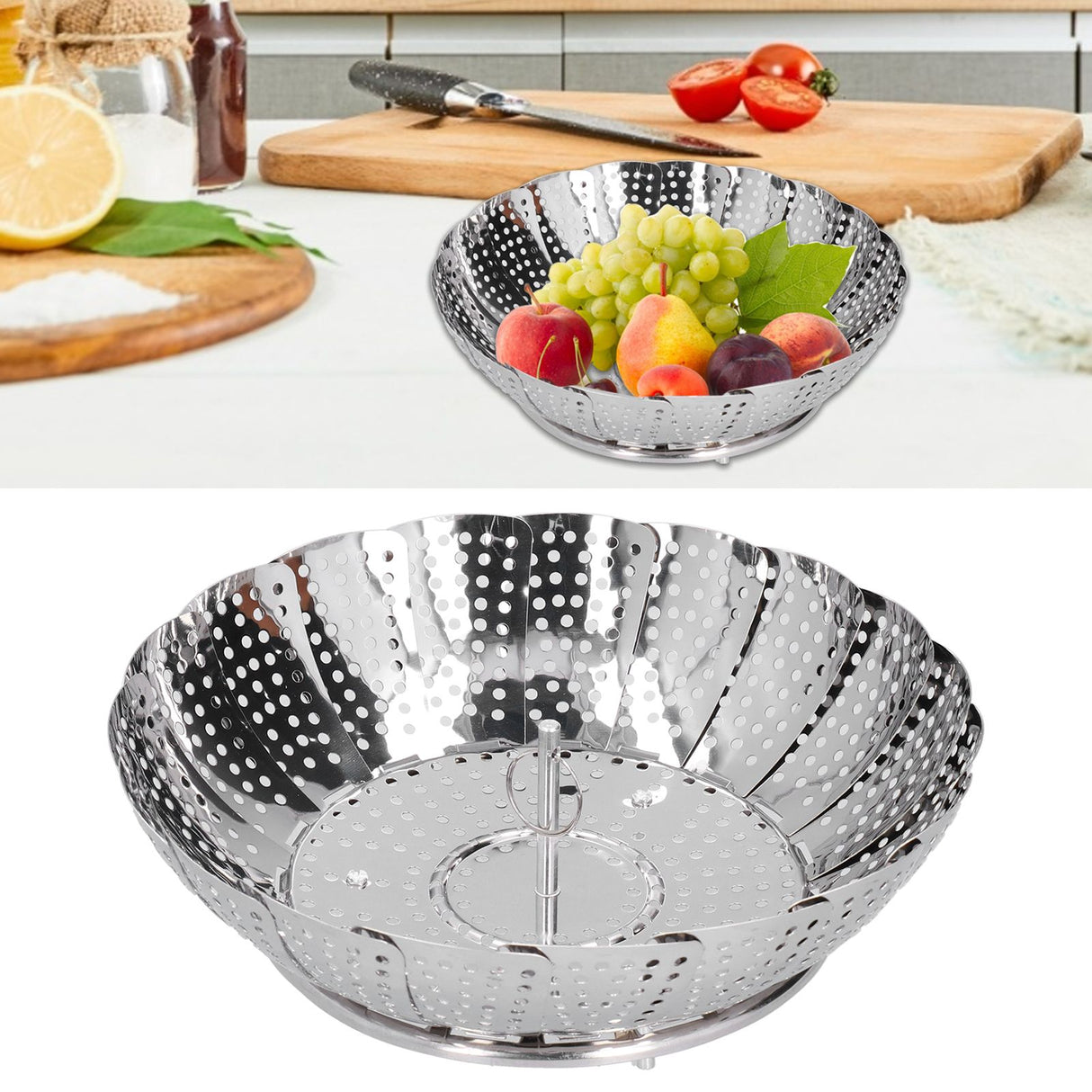 Stainless Steel Steamer Basket 28cm Diameter Retractable Foldable Steaming Rack for Home