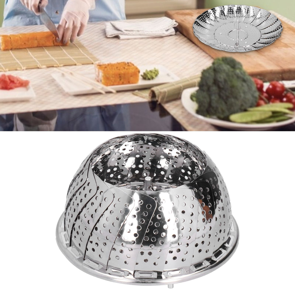 Stainless Steel Steamer Basket 28cm Diameter Retractable Foldable Steaming Rack for Home