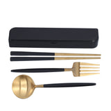 3Pcs/Set Portable Travel Utensils Stainless Steel Spoon Fork Chopsticks Set for SchoolBlack Gold (Black Storage Box)