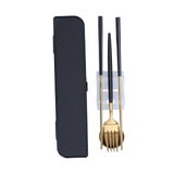 3Pcs/Set Portable Travel Utensils Stainless Steel Spoon Fork Chopsticks Set for SchoolBlack Gold (Black Storage Box)