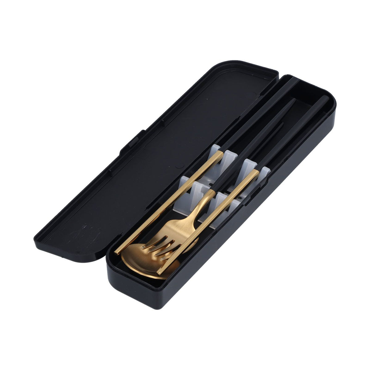 3Pcs/Set Portable Travel Utensils Stainless Steel Spoon Fork Chopsticks Set for SchoolBlack Gold (Black Storage Box)