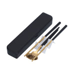3Pcs/Set Portable Travel Utensils Stainless Steel Spoon Fork Chopsticks Set for SchoolBlack Gold (Black Storage Box)