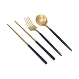 3Pcs/Set Portable Travel Utensils Stainless Steel Spoon Fork Chopsticks Set for SchoolBlack Gold (Black Storage Box)