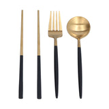3Pcs/Set Portable Travel Utensils Stainless Steel Spoon Fork Chopsticks Set for SchoolBlack Gold (Black Storage Box)