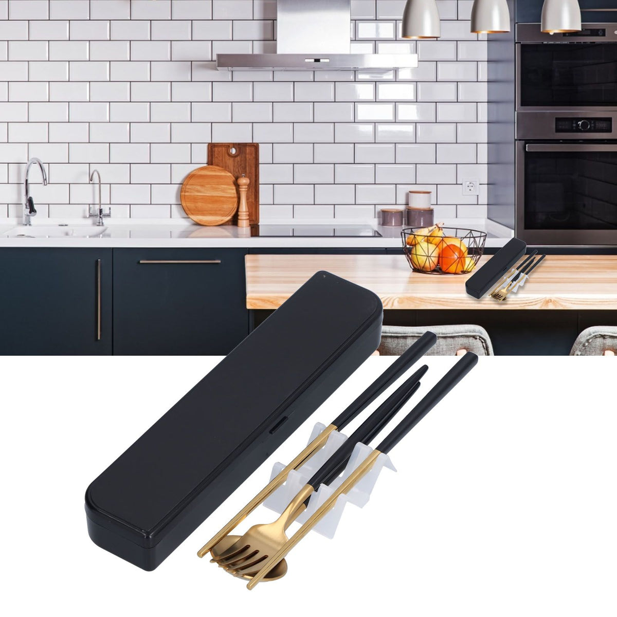 3Pcs/Set Portable Travel Utensils Stainless Steel Spoon Fork Chopsticks Set for SchoolBlack Gold (Black Storage Box)