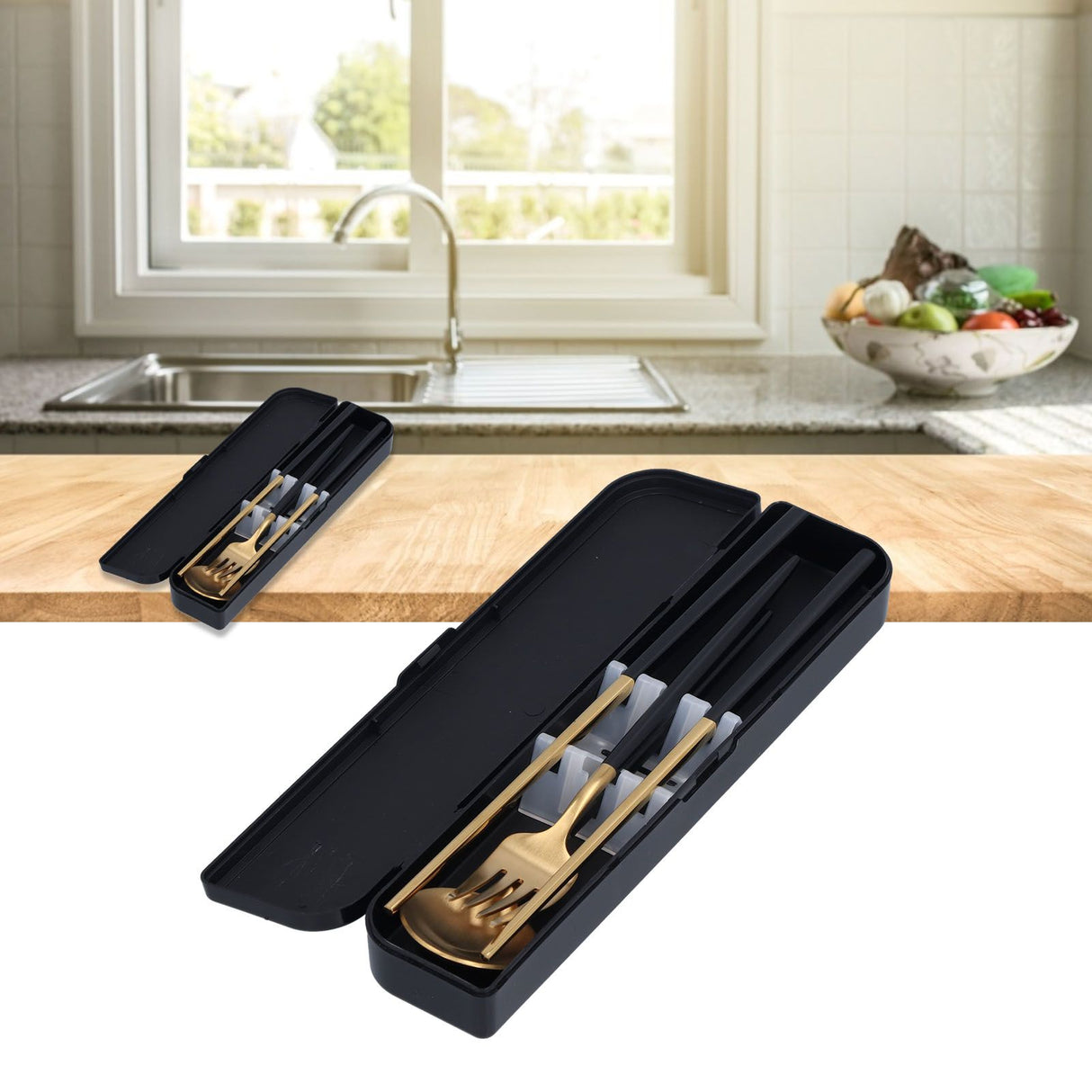 3Pcs/Set Portable Travel Utensils Stainless Steel Spoon Fork Chopsticks Set for SchoolBlack Gold (Black Storage Box)