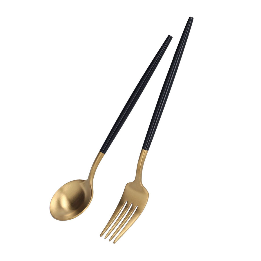 3Pcs/Set Portable Travel Utensils Stainless Steel Spoon Fork Chopsticks Set for SchoolBlack Gold (Black Storage Box)