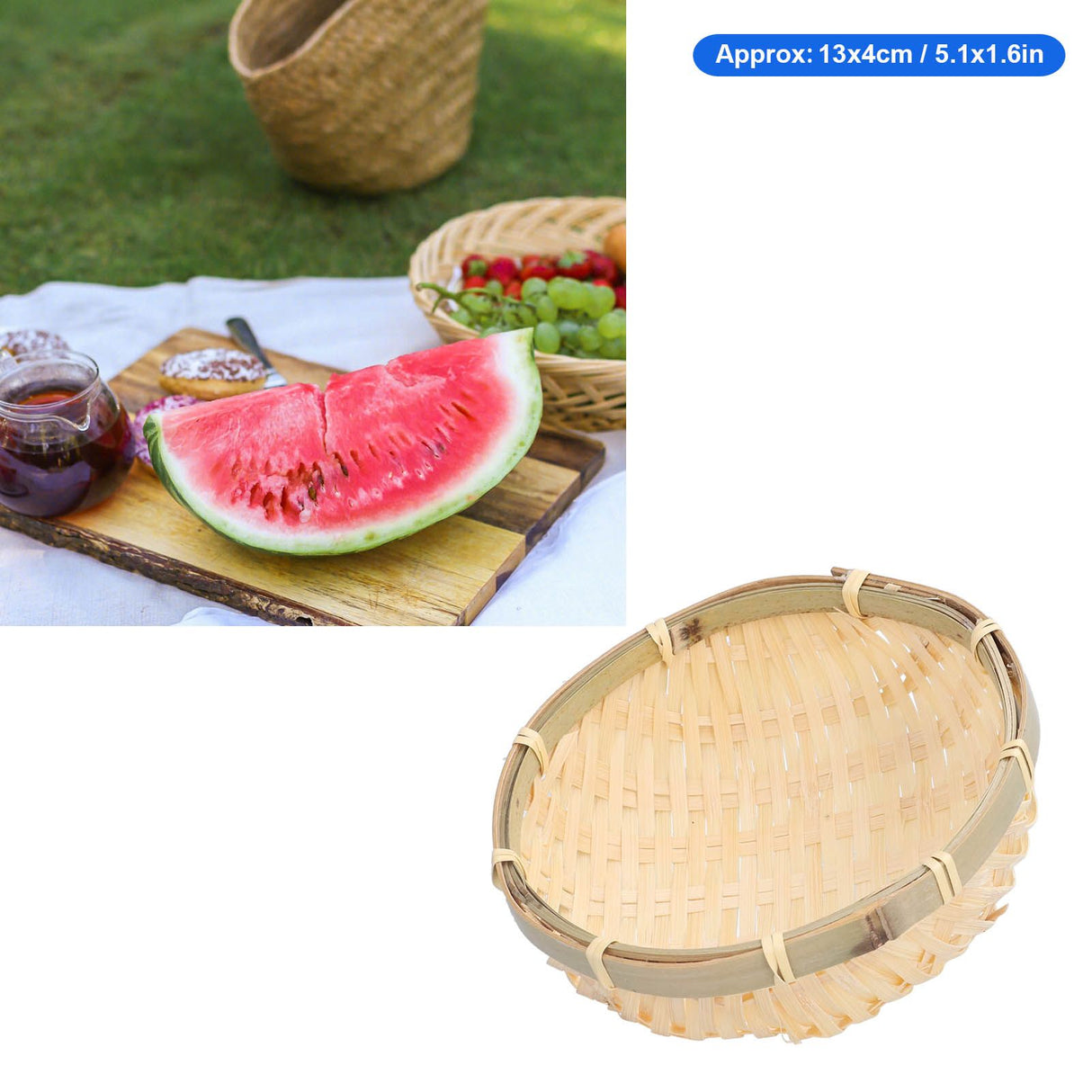 Fruit Basket Hand Woven Bamboo Mini Multifunctional Sturdy Serving Basket Tray for Living Room Kitchen 13x4cm