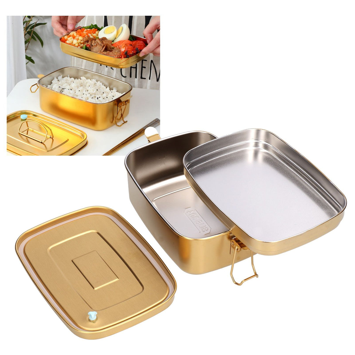 1.5L 2 Layer Lunch Box Portable Leakproof 304 Stainless Steel Bento Food Container Dinnerware for Home OfficeGold