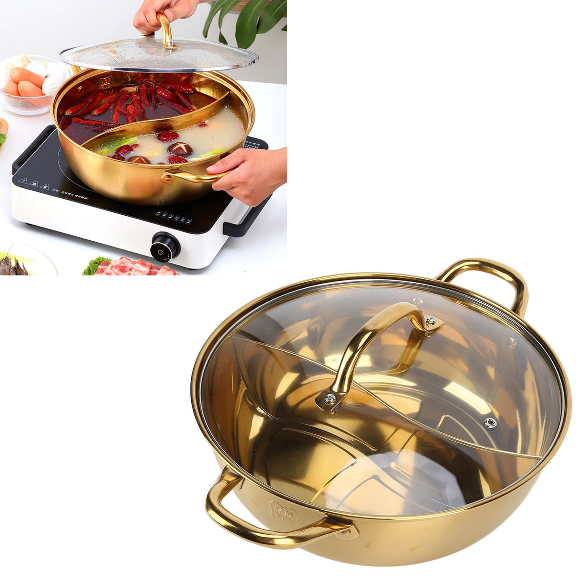 Hot Pot 30.3cm Diameter 304 Stainless Steel Rust Proof Separate Design Mandarin Duck PotGold
