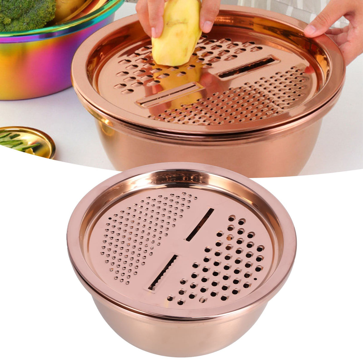 Multipurpose Water Basin Drain Basket with Vegetable Cutter Grater Stainless Steel for Home KitchenRose Gold