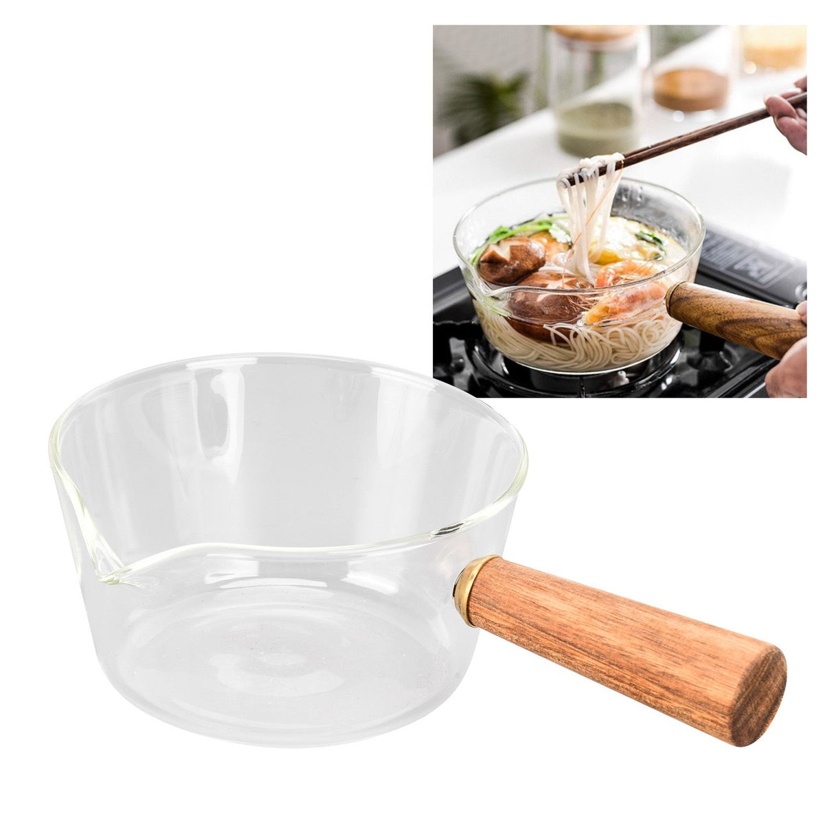 Glass Milk Pot with Wooden Handle V Shaped Spout Noodles Saucepan Home Kitchen Cookware Accessory400ml